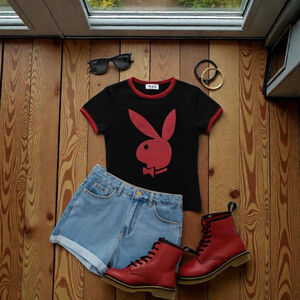 Vintage Y2K Playboy Bunny Red and Black Ringer Baby Tee Shirt Top